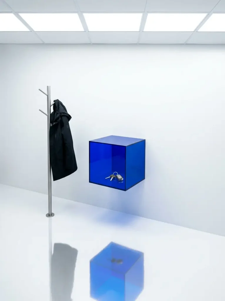 Bright blue floating acrylic shelf holds keys next to a slim silver coat rack in a white room