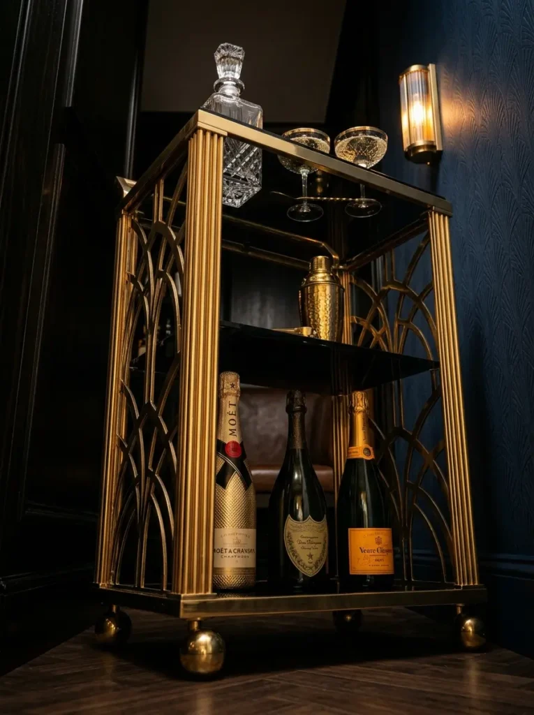 Gold tiered bar cart with arched side details holding champagne bottles