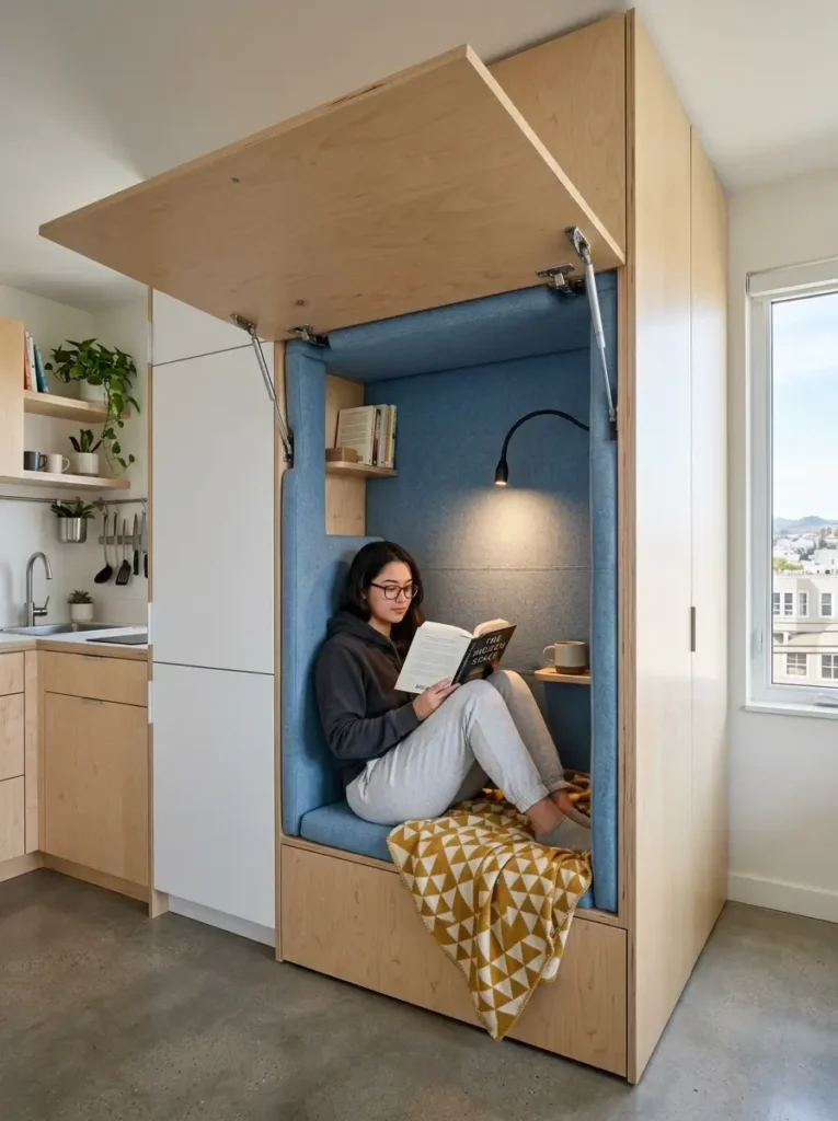 Kitchen Cabinet Compartment Woman reading in a blue fold out seat built into kitchen cabinetry.