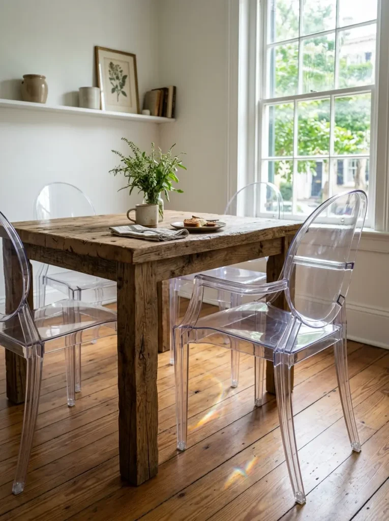 Clear Acrylic Dining Chairs Clear acrylic chairs surrounding a rustic wooden dining table near a bright window.