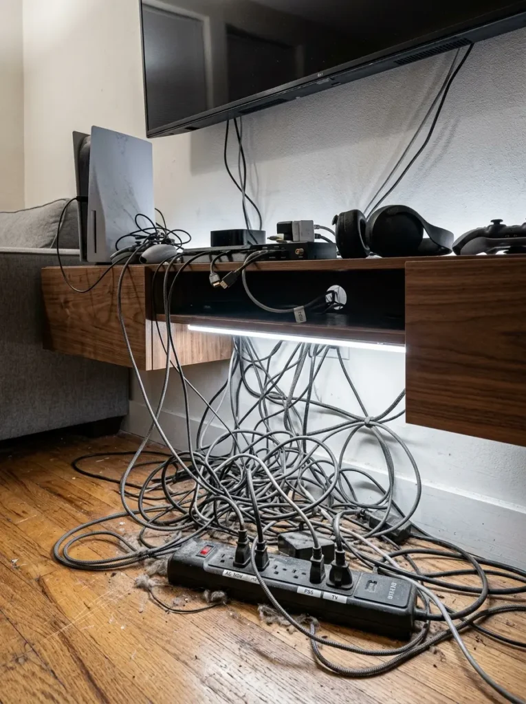 Tangled disaster of grey and black electrical wires plugged into a power strip beneath a wooden media cabinet