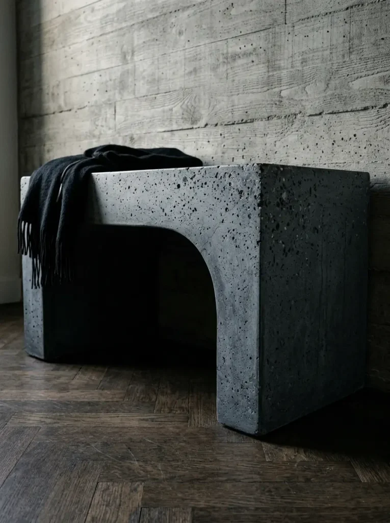 Monolithic Gray Concrete Bench Solid gray concrete bench with an arched opening underneath sitting on a dark wood floor
