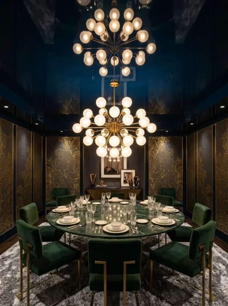 High gloss dark ceiling reflecting a chandelier to improve lighting for dark apartments.