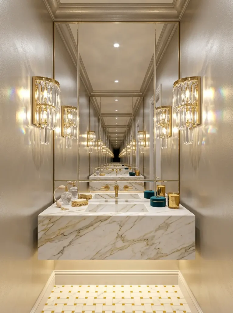 Champagne Gold Metallic Bathroom Metallic champagne gold bathroom with marble sink and crystal lights