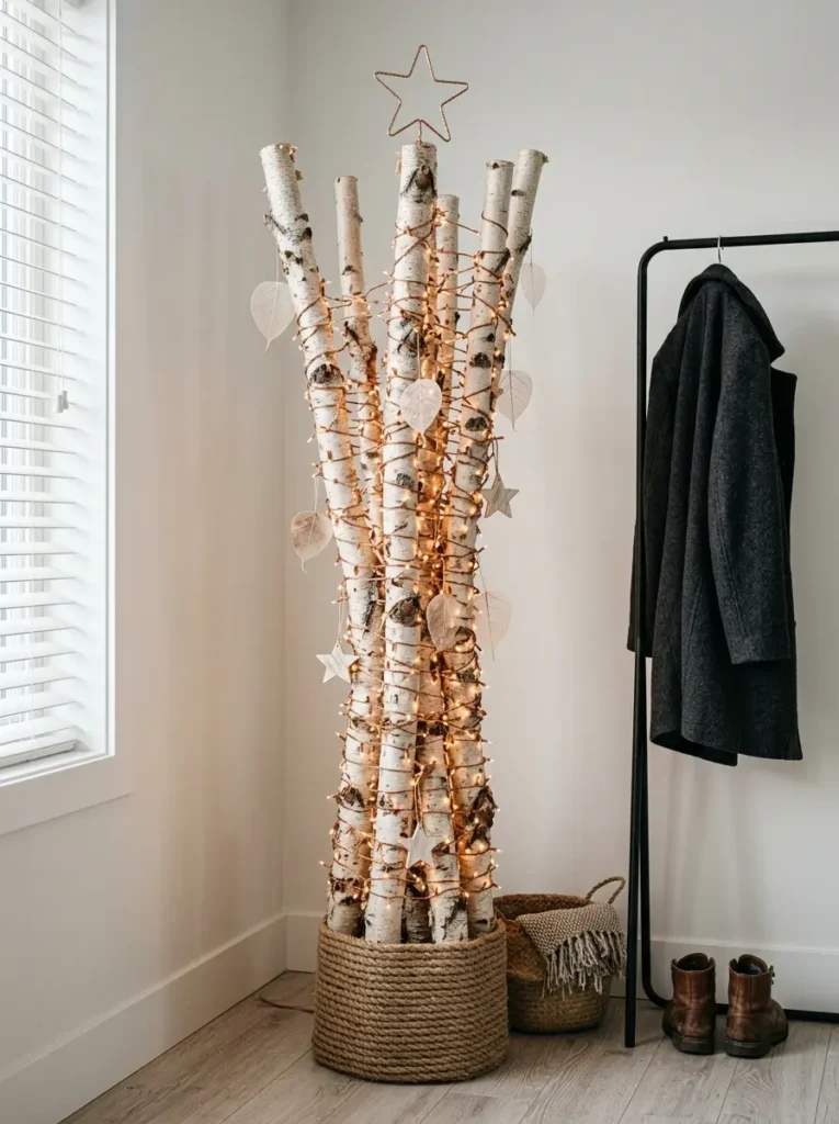 Bundle of white birch logs standing upright wrapped tightly in copper fairy lights