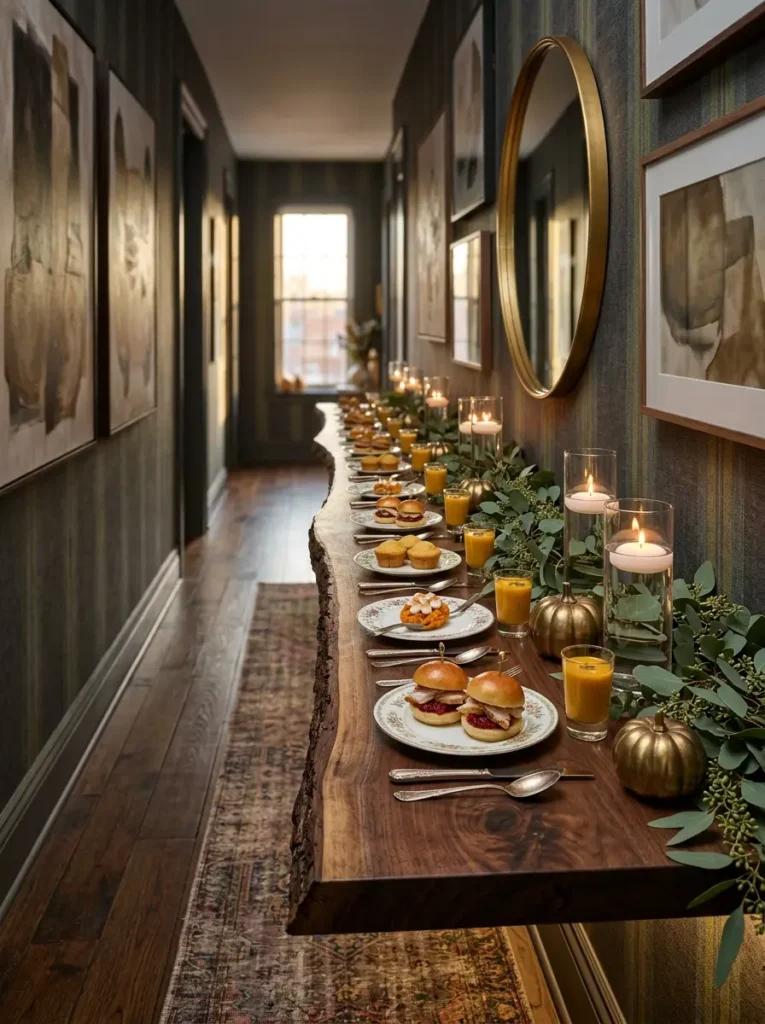 Long narrow wood slab mounted to a striped hallway wall displaying small holiday appetizers