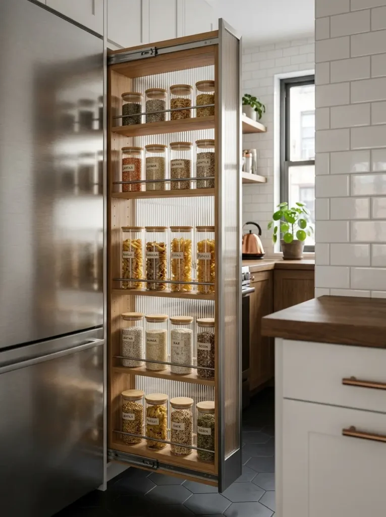 Tall wooden shelf filled with glass food jars rolls out from a thin gap next to a silver refrigerator.