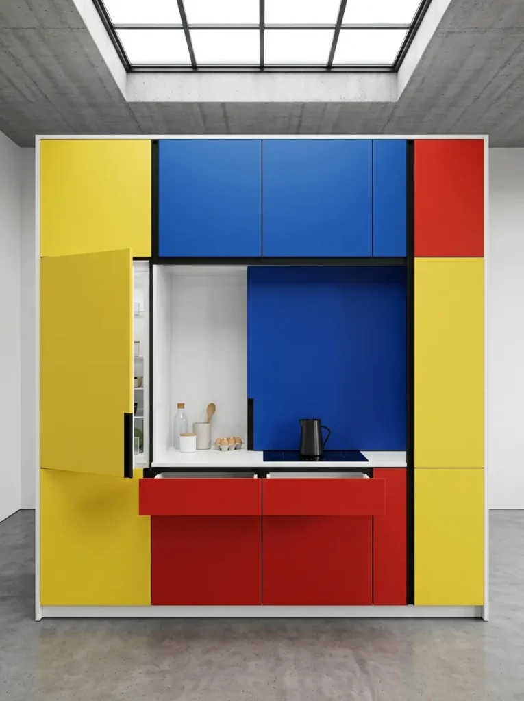 A primary colored geometric storage unit with yellow, blue, and red panels opening to reveal kitchen appliances and prep space.