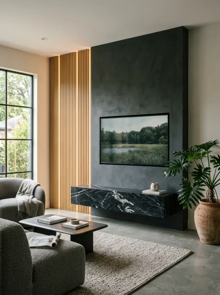 Charcoal plaster and vertical wood slats anchor a screen in a modern small living room tv wall.