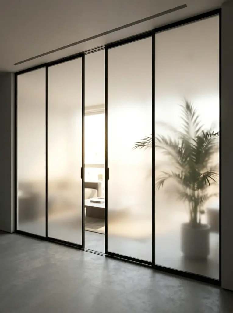 Massive sliding doors with frosted glass panes separating a living area from a bedroom while letting sunlight pass through the panels.