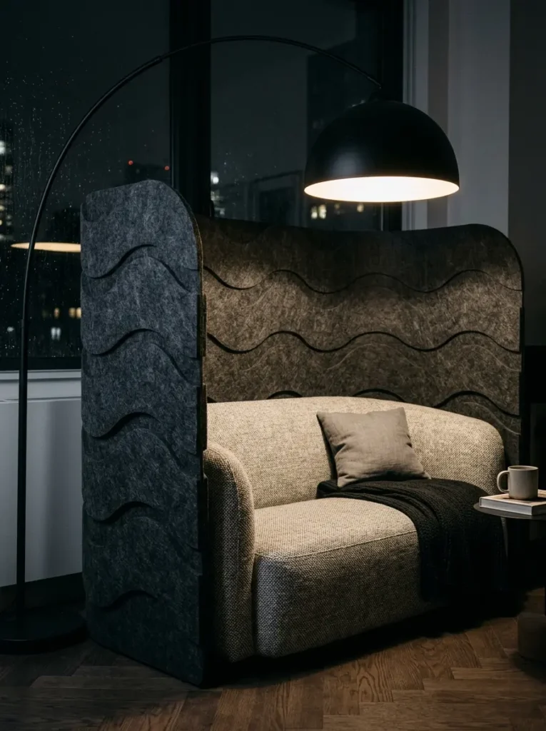 Dark grey wavy acoustic felt partition wrapping around a fabric loveseat with a black floor lamp.