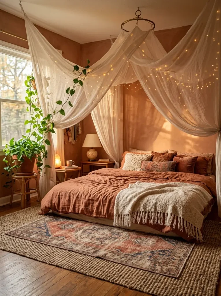 Bohemian bedroom featuring sheer white draped canopy fabric intertwined with warm fairy lights over rust colored bedding