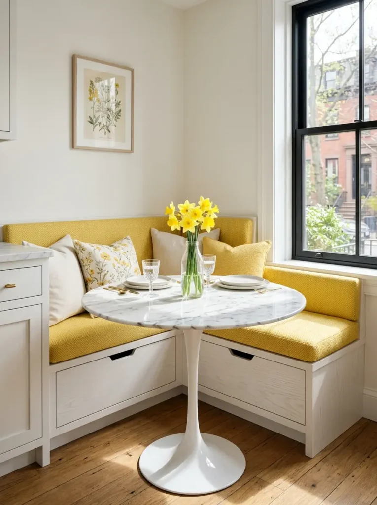Upholstered banquette seating surrounds a round marble pedestal table.