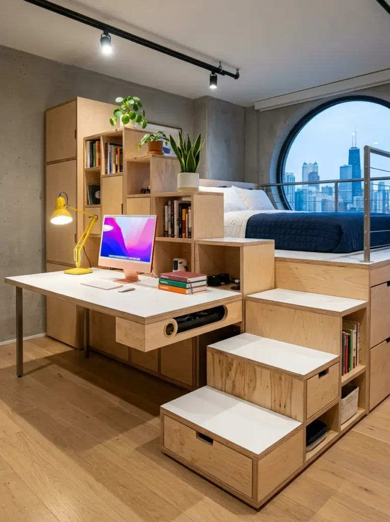 Custom wood loft bed with integrated desk and stairs.
