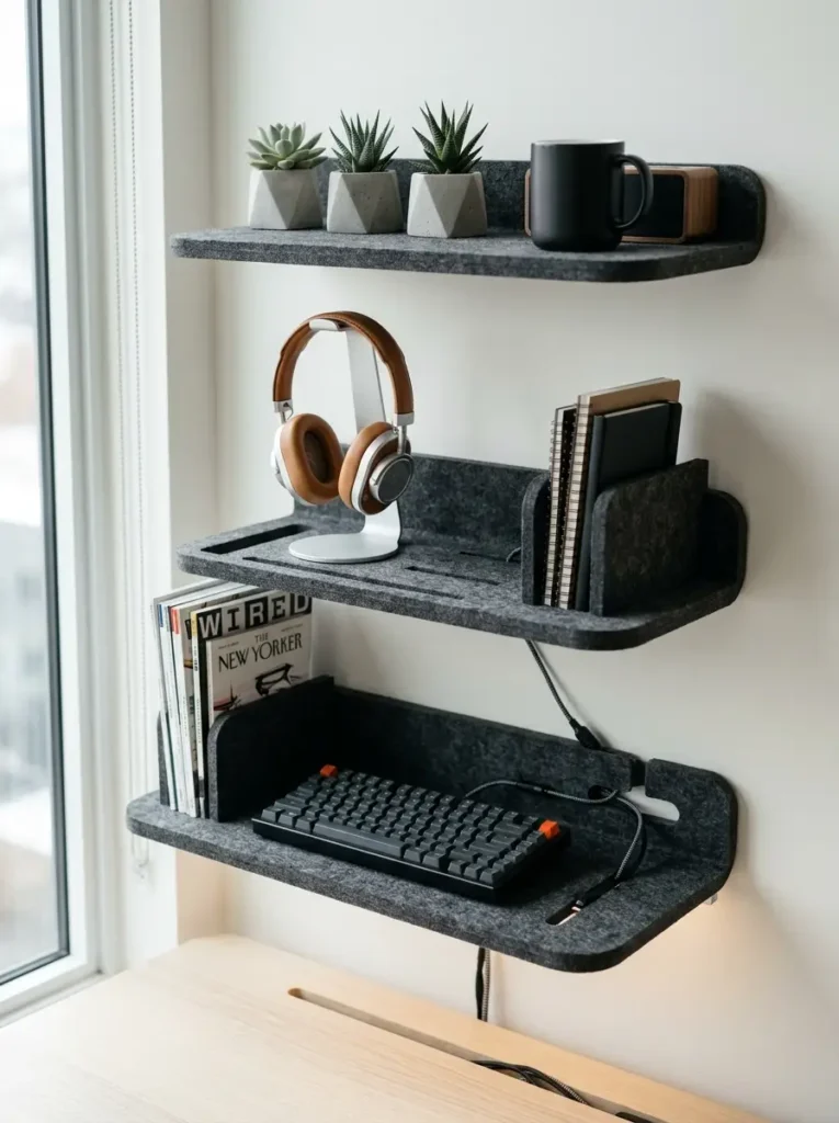 Three tiered charcoal felt floating shelves holding a keyboard headphones and magazines.