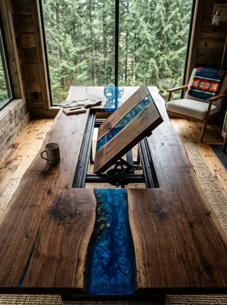 Live Edge River Resin Table Rustic walnut slab table with a blue resin river and an elevated center panel.