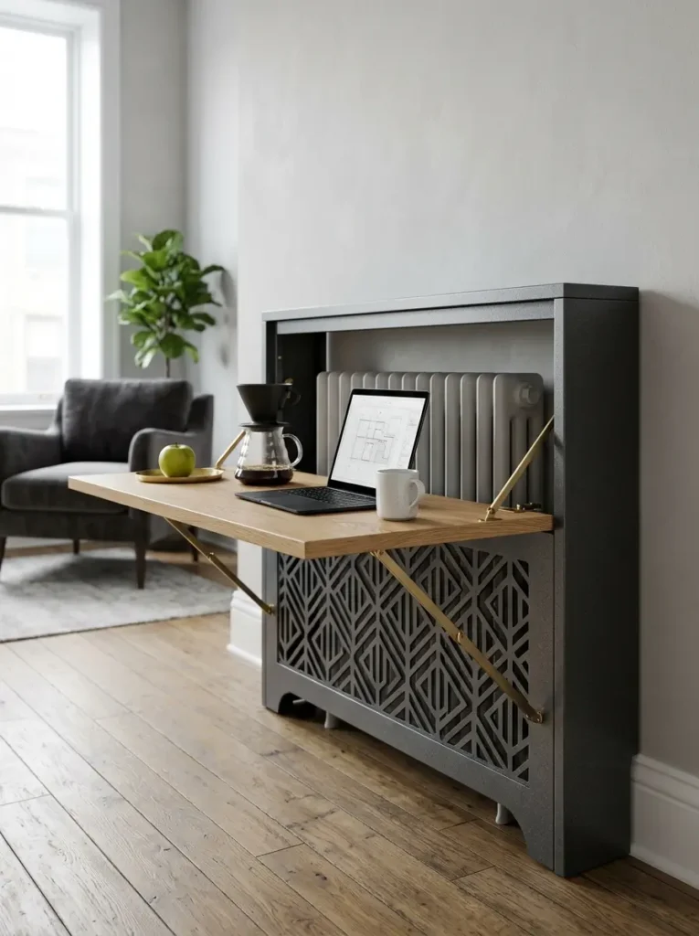 Grey Radiator Cover Fold Out Desk Dark grey radiator cover with a fold out wooden space saving dining table and laptop.