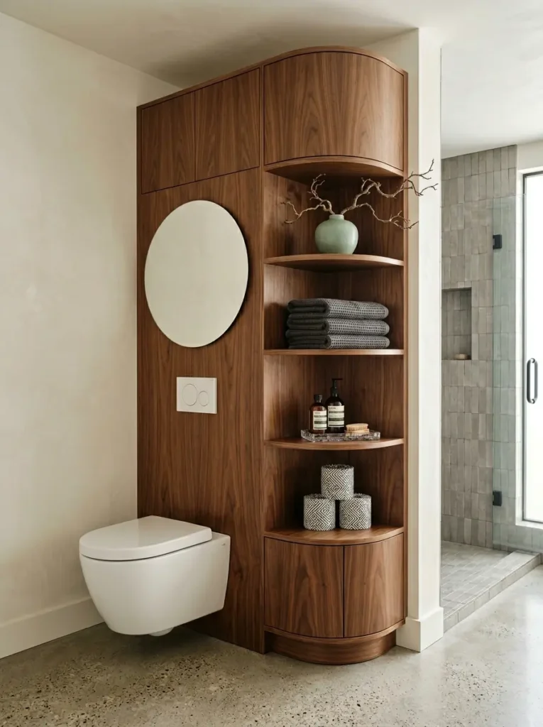 Curved walnut wood corner tower with open shelves next to a white toilet