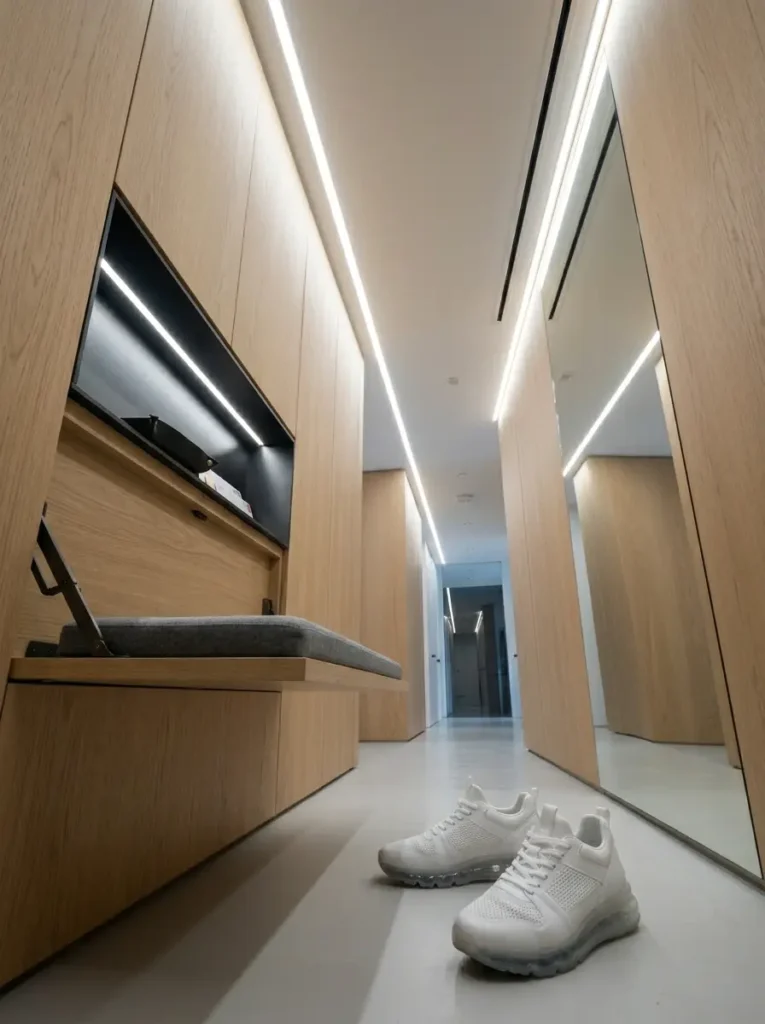 Grey upholstered bench folds out from a light oak paneled wall in a modern illuminated hallway.