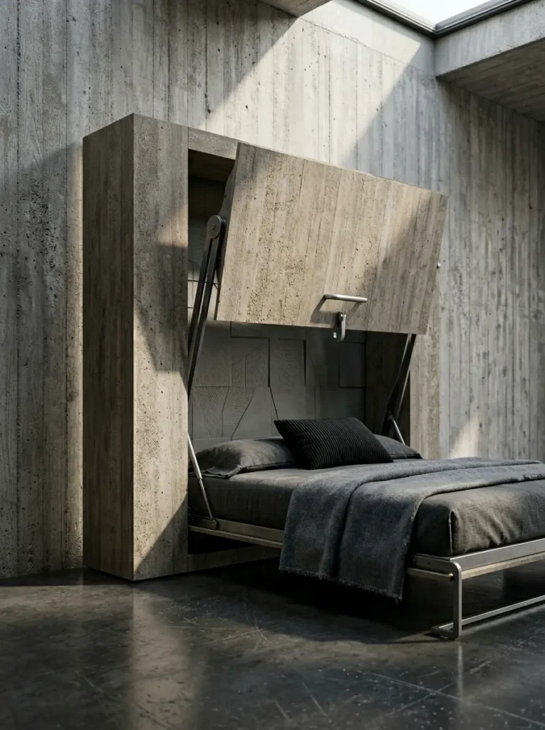 Industrial Concrete Panel Bed Rugged faux concrete panel affordable murphy bed with heavy metal hinges and gray bedding.