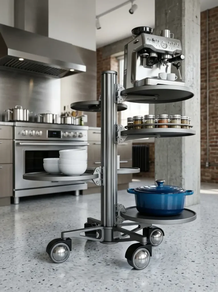 Spiral gray metal storage stand with swiveling round trays on wheels