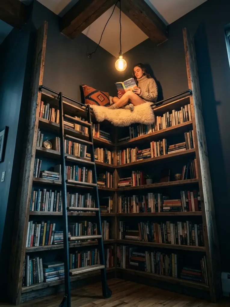 High Bookshelf Corner Woman sitting cross legged on top of a tall wooden bookshelf reading a book.