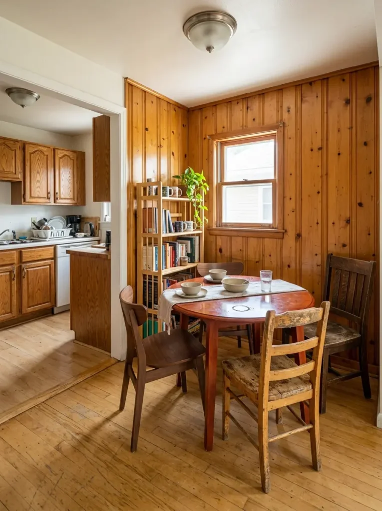 Bulky wooden dining table and thick chairs shoved tightly into a narrow wood paneled kitchen corner
