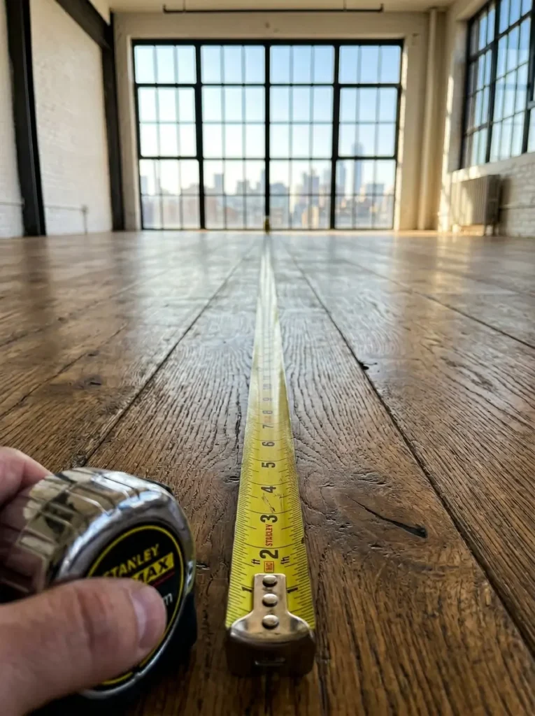 A yellow measuring tape stretches across a wooden floor toward large industrial windows.