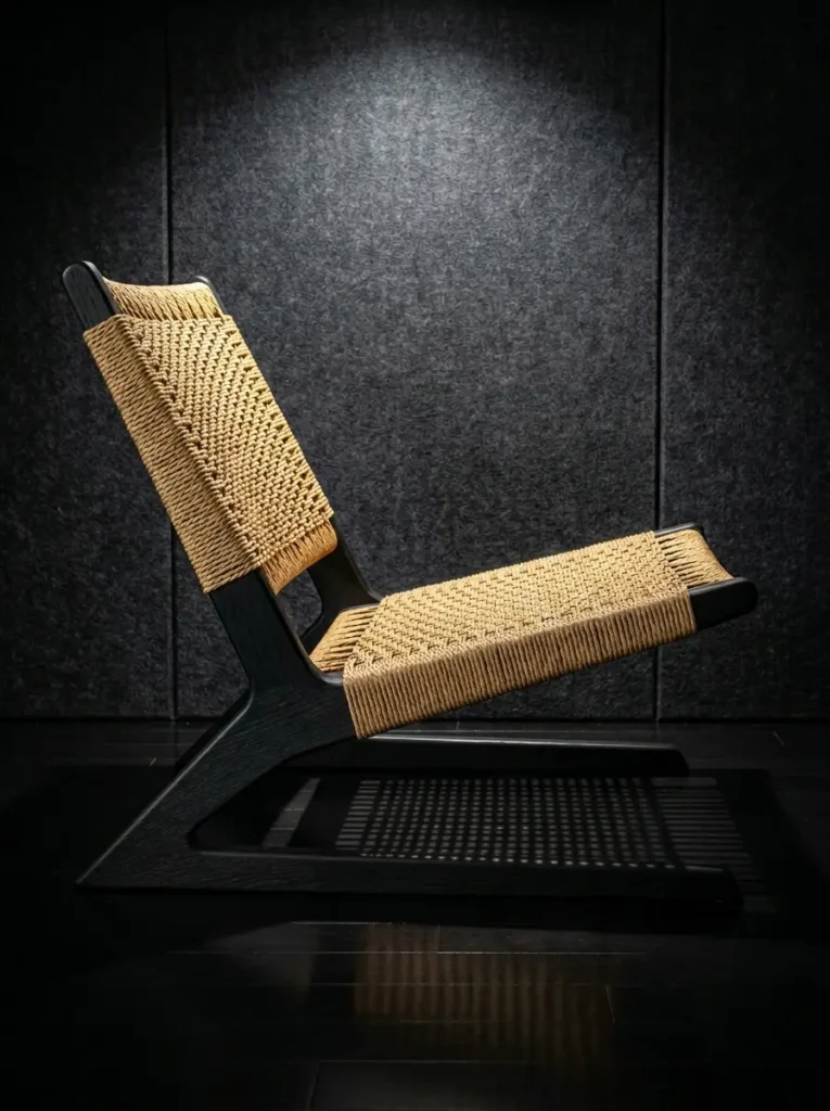 Woven Cord Lounge Chair Black wooden lounge chair with tan woven cord seat and backrest angled close to the floor