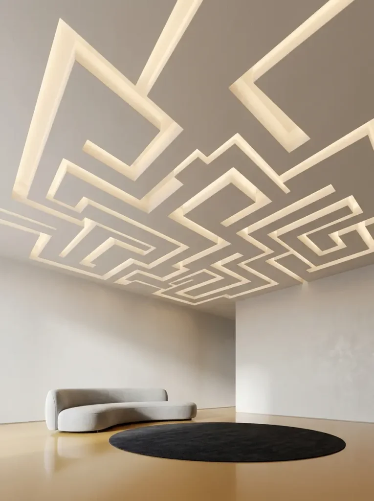 Geometric recessed drywall lighting channels providing lighting for dark apartments.