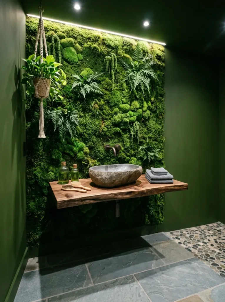 Dark Green Living Wall Bathroom Hunter green walls with lush moss feature and stone basin