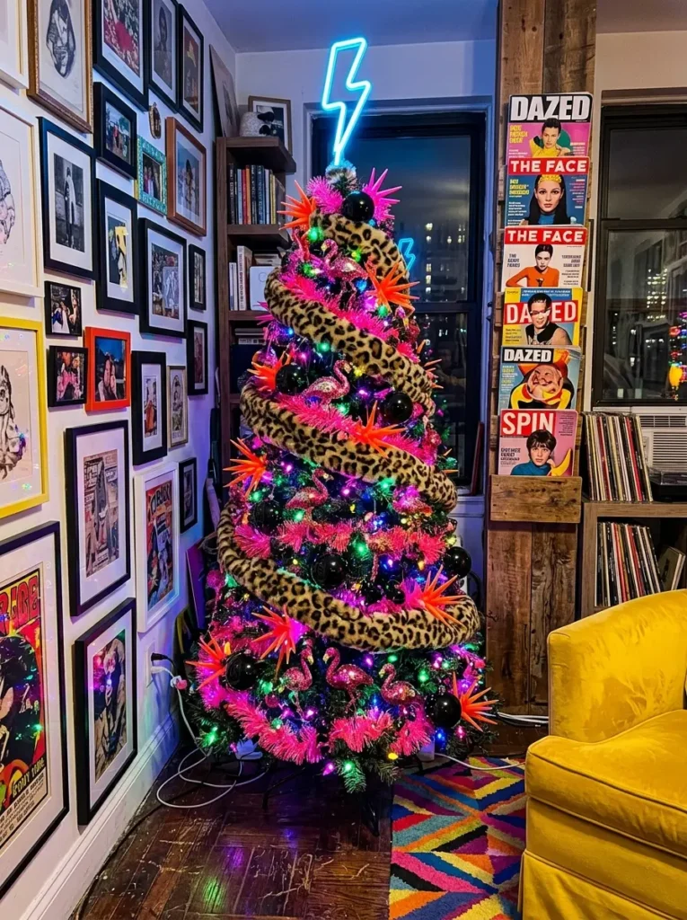 Colorful Christmas tree featuring a leopard print garland neon pink flamingos and glowing orange spikes