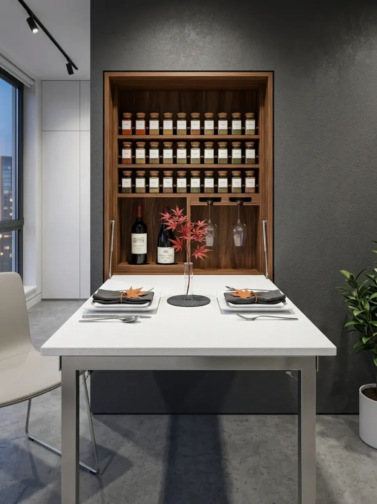 White dining table folded down from a dark wooden wall cabinet revealing spice jars inside