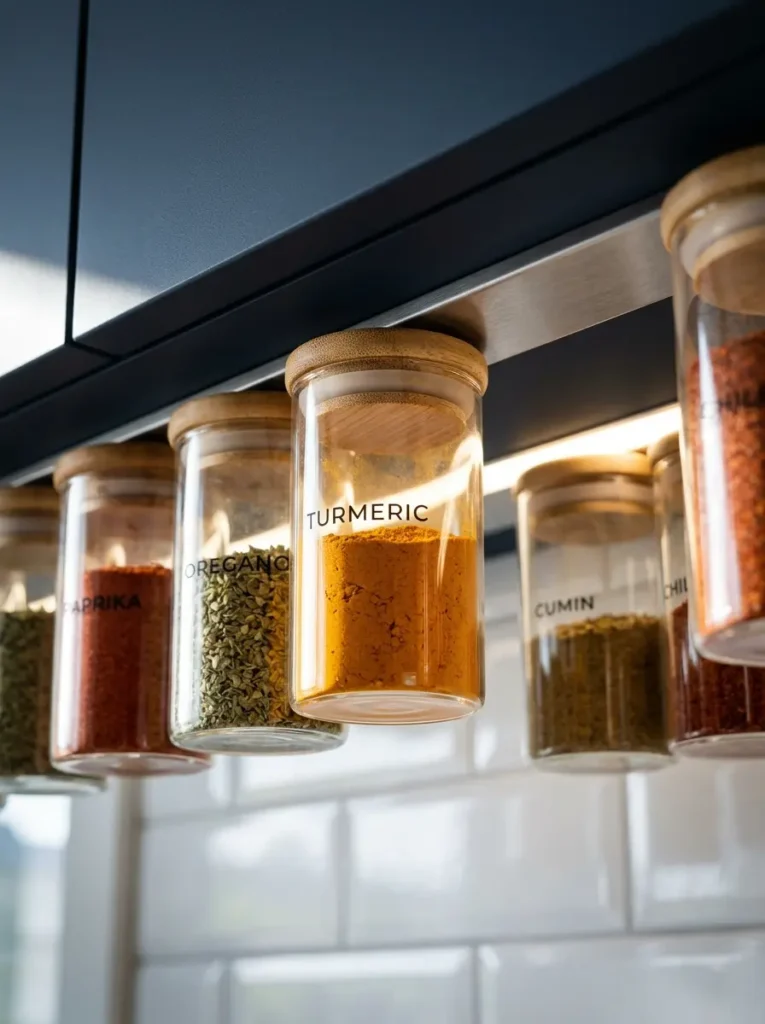 Clear glass jars containing colorful spices hang magnetically beneath a dark upper kitchen cabinet.