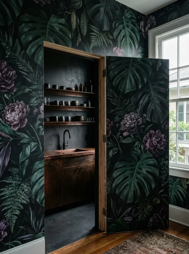 A dark wall mural featuring large green leaves and purple flowers with a hidden door opened to a copper-accented kitchen nook.