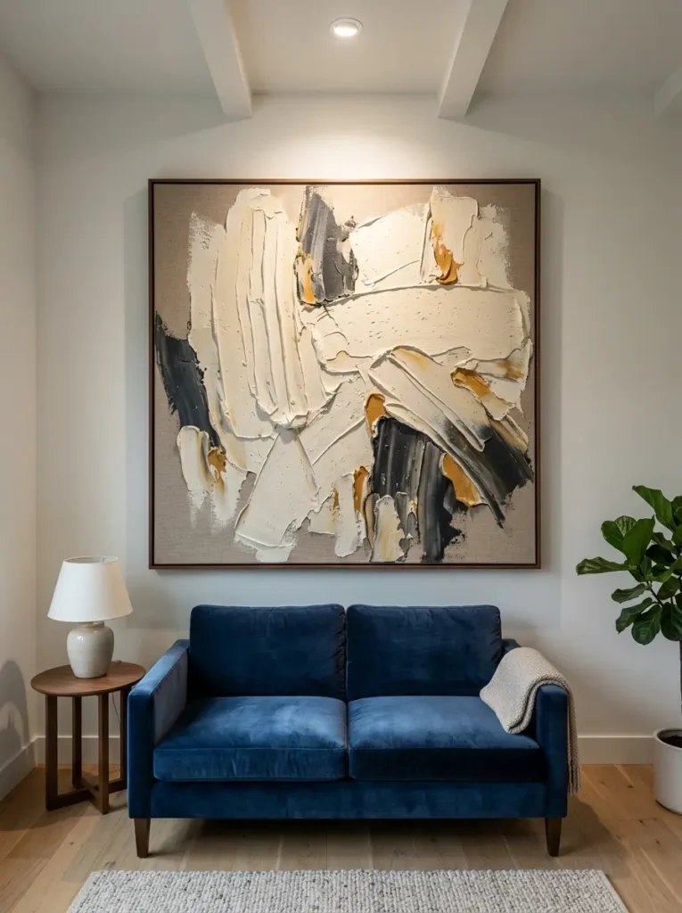 Giant textured abstract canvas painting hanging above a small blue velvet couch in a minimal living room setting.