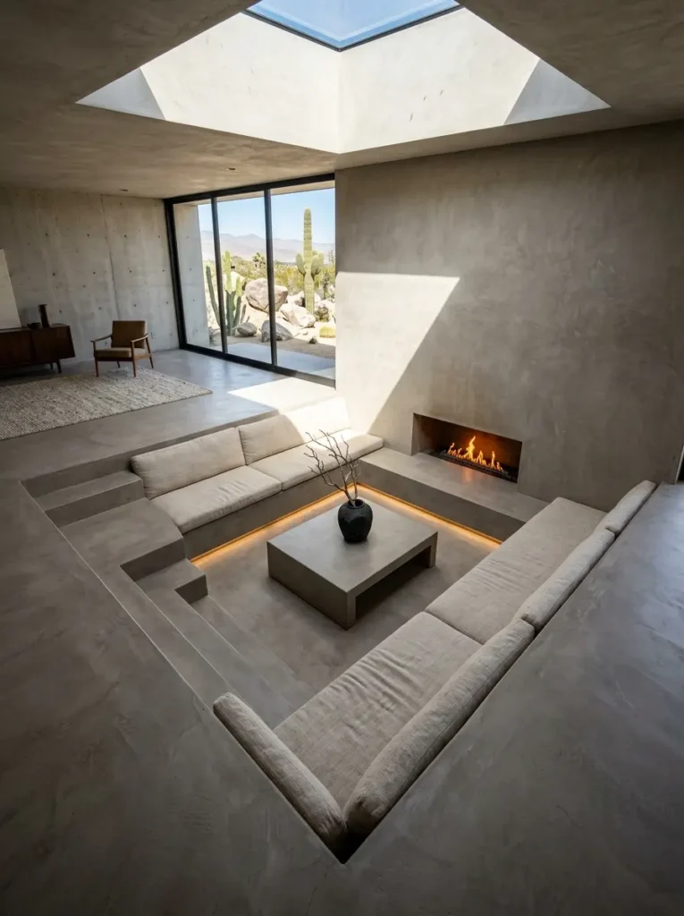 Sunken square living room lounge made of smooth grey micro-cement with built-in seating and a fireplace.