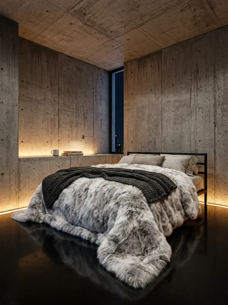 Industrial concrete room featuring a dark bed covered in thick faux fur blankets and warm low level lighting