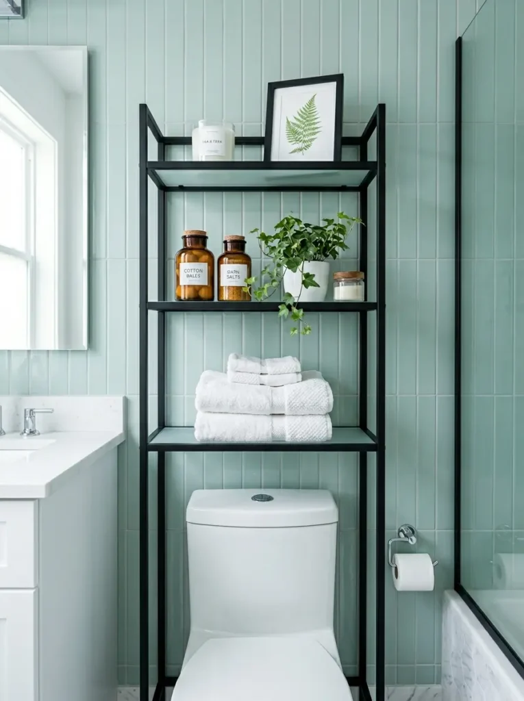 Glass shelves on a black metal frame hold fresh towels and green ivy.