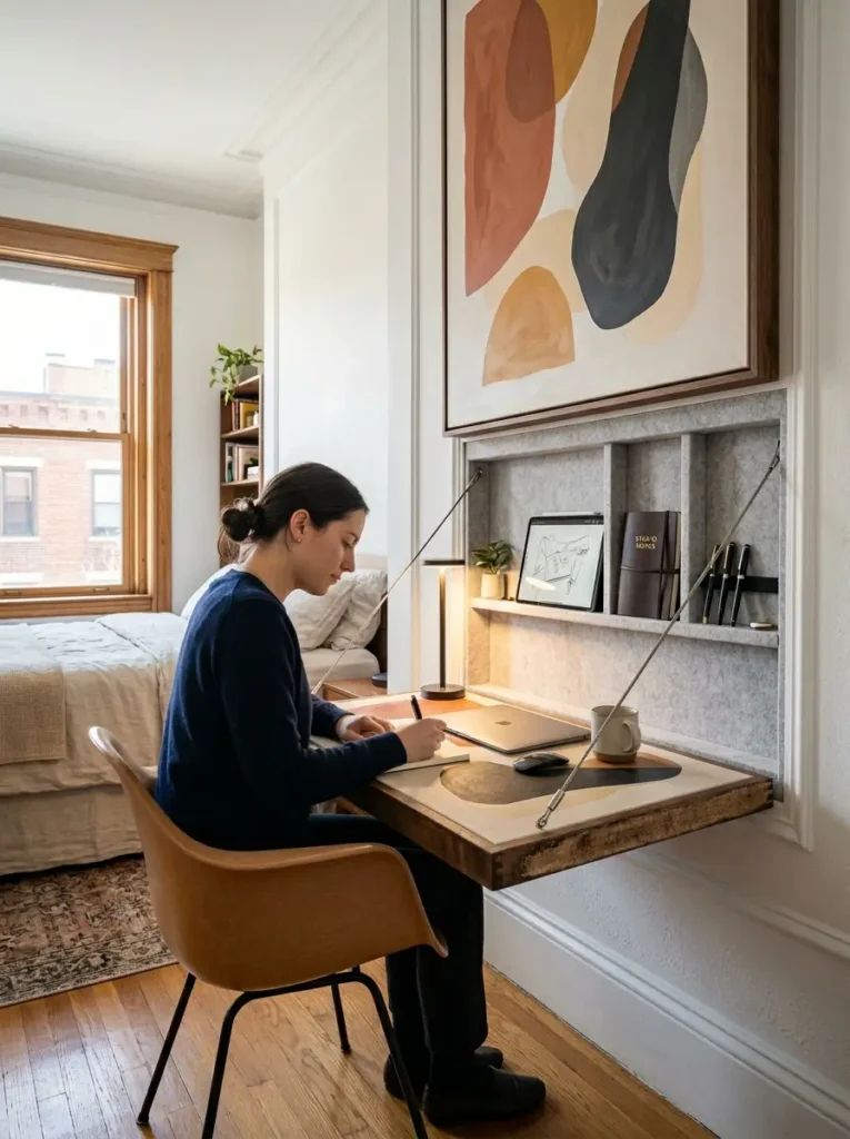 Wooden wall mounted desk that folds flat against the surface.