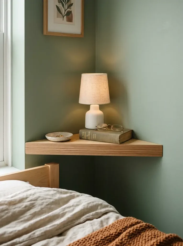 Triangular raw plywood shelf wedged in a bedroom corner holding a small lamp and book.