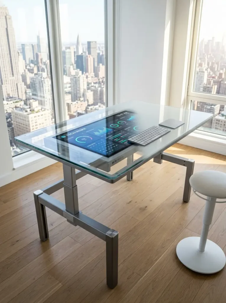 Smart Glass Dashboard Table Transparent glass desk containing an integrated digital dashboard screen underneath.