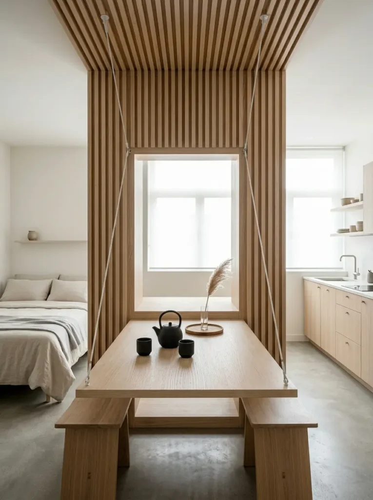 Suspended Rope Hanging Timber Dining Station Wooden space saving dining table suspended by white ropes from a slatted ceiling divider.