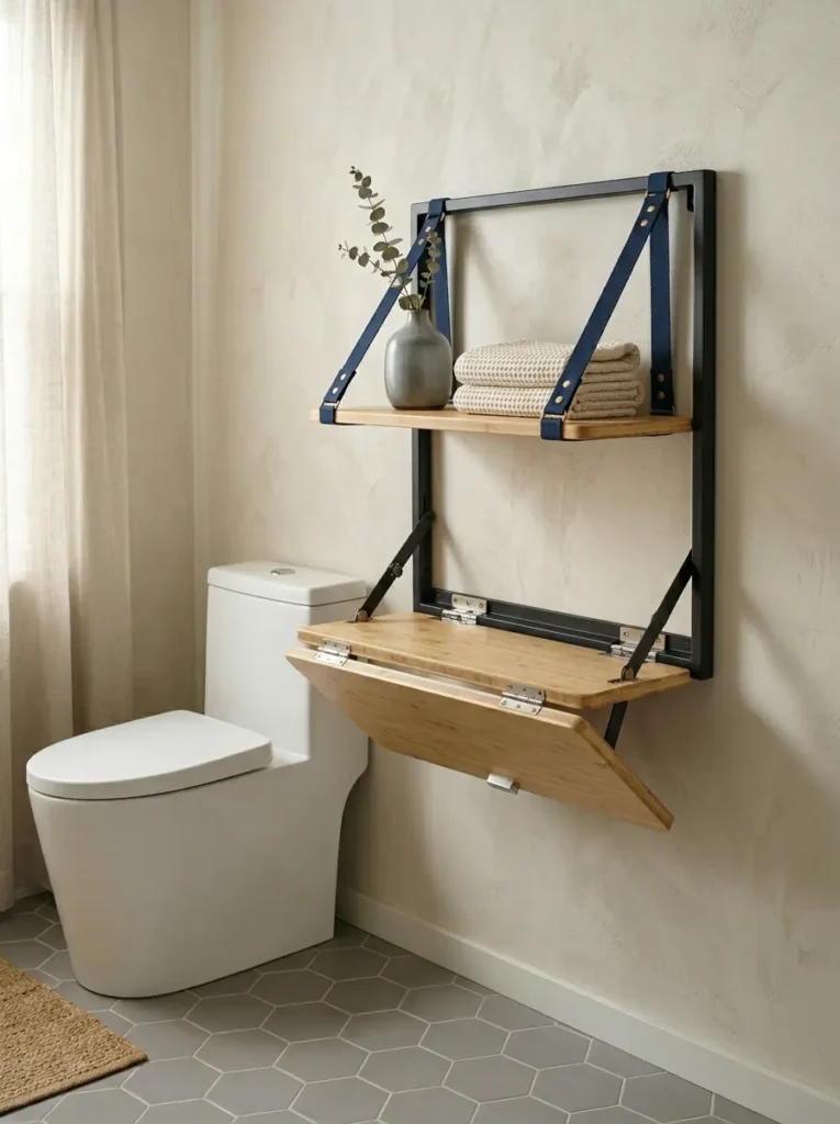 Bamboo shelves hanging from a black metal frame with blue canvas straps