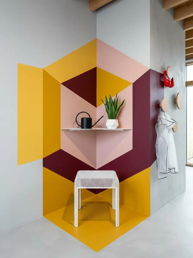 Colorful geometric paint creates a three dimensional cube illusion holding a small white shelf and plant.