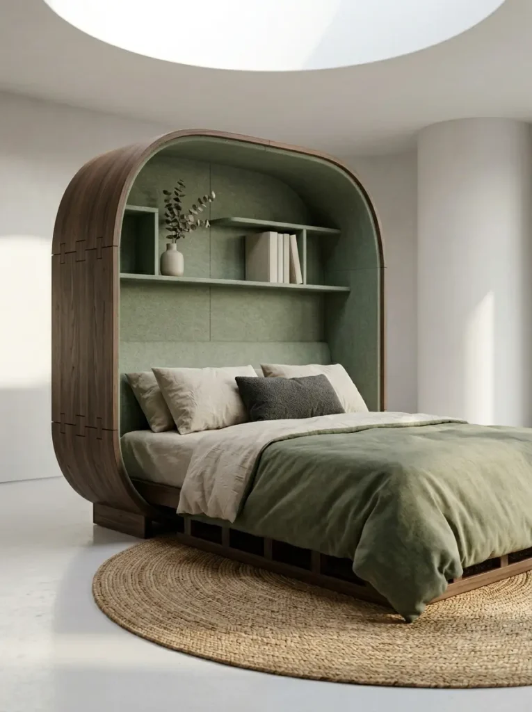 Arched Wooden Canopy Bed Smooth curved wooden arched canopy affordable murphy bed with built in shelves and olive green bedding.