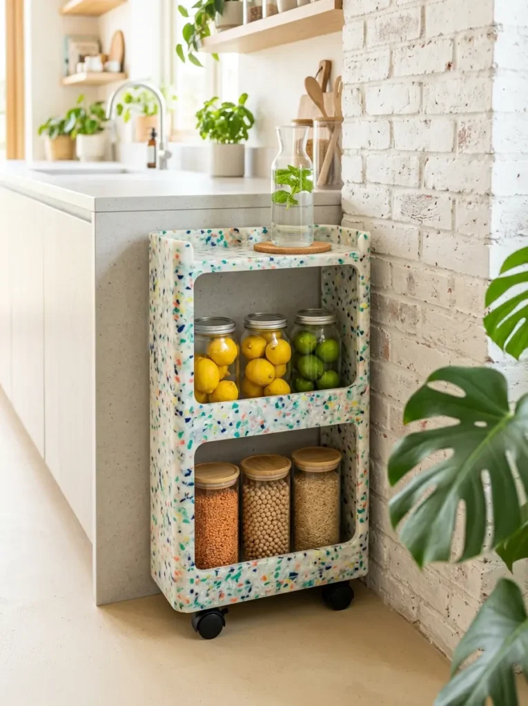 White cart with multicolored terrazzo flecks and rectangular storage cutouts