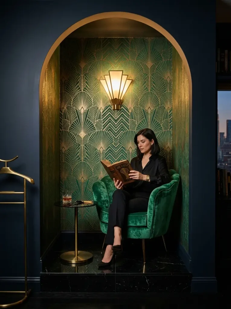 Art Deco Alcove Woman in a green velvet chair reading inside an arched art deco alcove.
