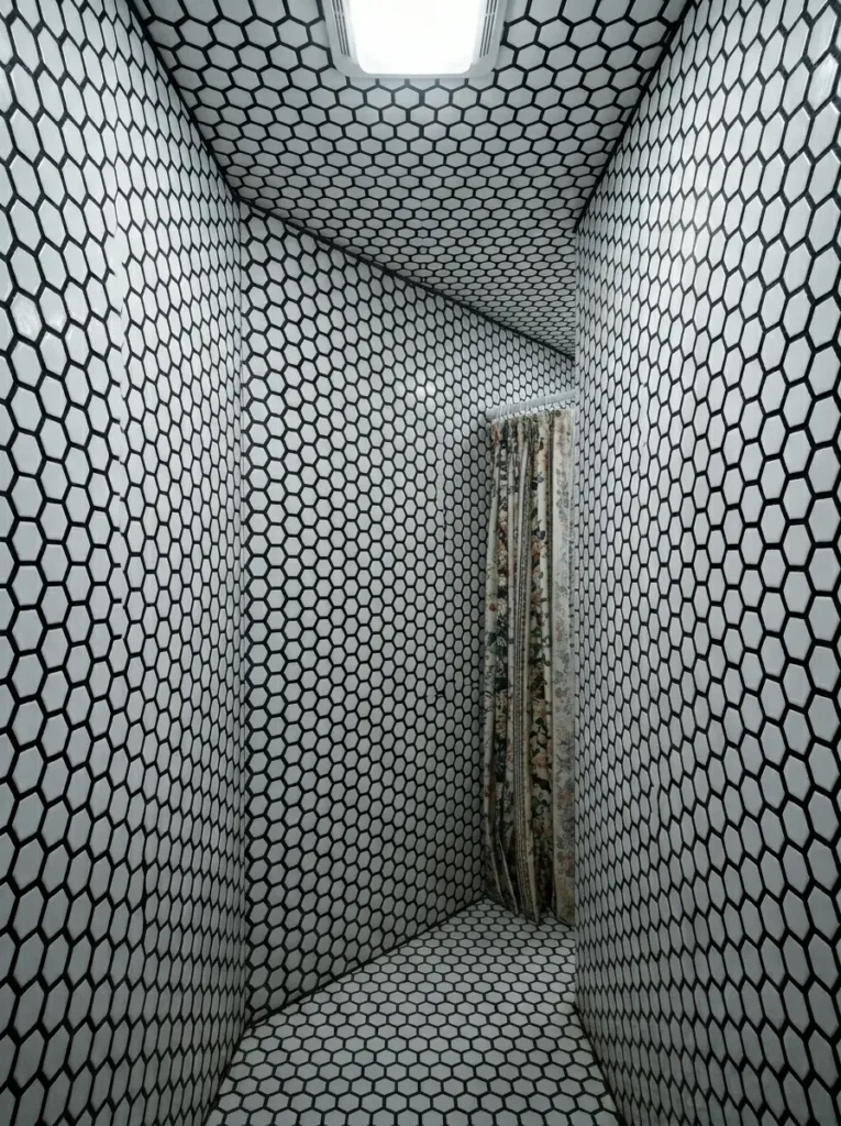 Tiny bathroom space completely covered from floor to ceiling in stark black and white honeycomb geometric tiles