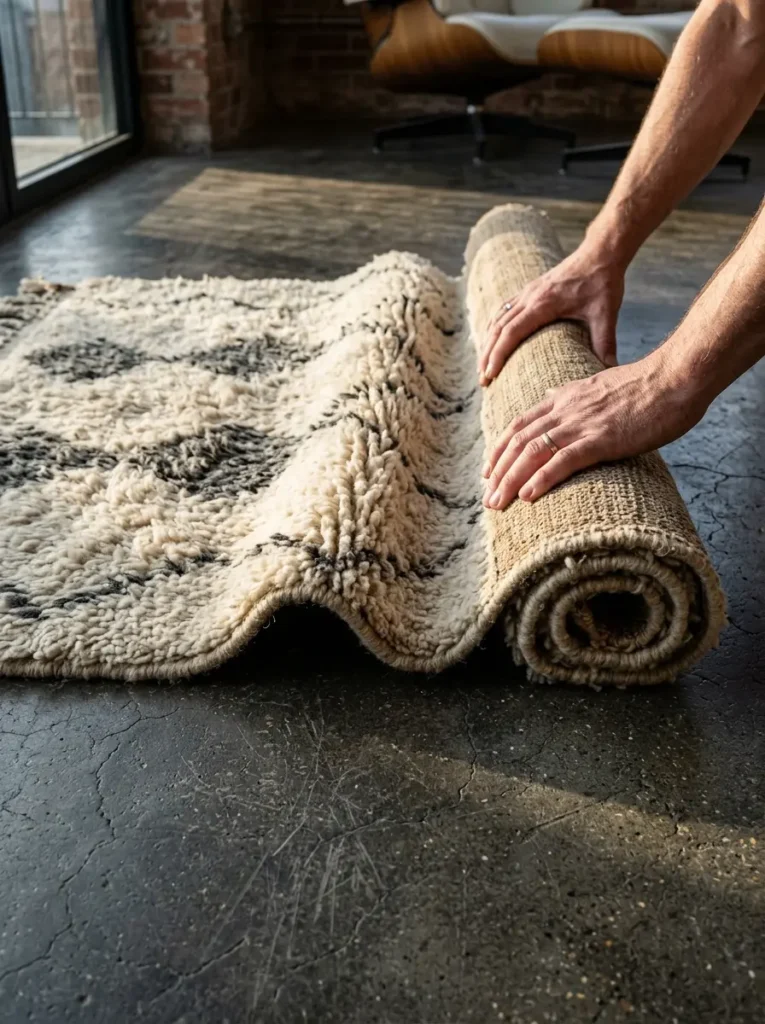 Hands unroll a thick woven carpet with black geometric patterns over dark concrete.